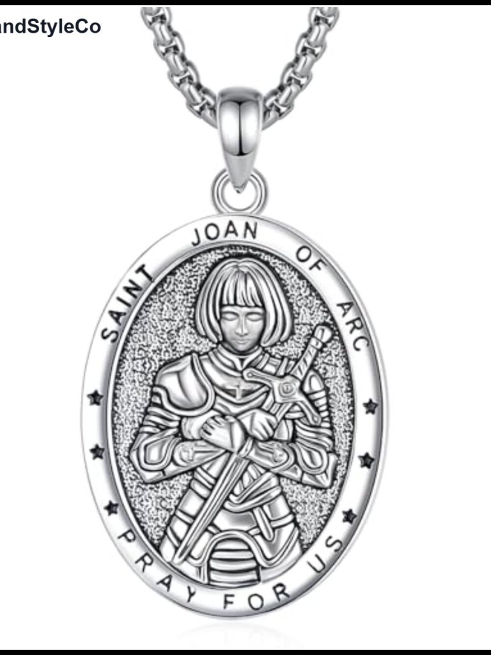 Saint Joan of Arc Pendant Necklace with Inspirational Message Stainless Steel